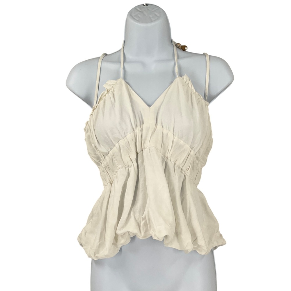 Zara Halter Top Womens S White Cotton Babydoll Bubble Hem Beaded Boho Festival